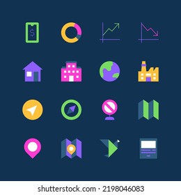 Navigation and buildings - set of flat design style neon icons, isolated on dark background. Images of map, office, house, factory, global, pie chart, finance analysis, pie chart and statistics