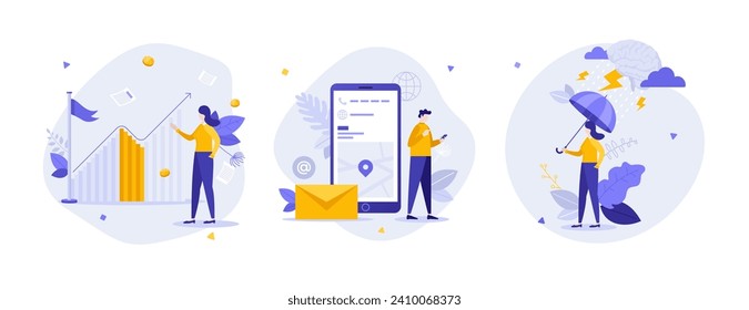 Navigation in business processes flat concept vector illustrations set. Analytics, mobile app and negative mindset cartoon composition. Modern commerce creative idea for website, presentation