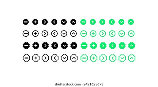 Colección de botones de navegación. Flechas, más, menos iconos. Silhouette y estilo plano. Iconos del vector