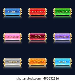 Navigation buttons on the site on a light background. Fantasy style. Glass shape. Gold frame.