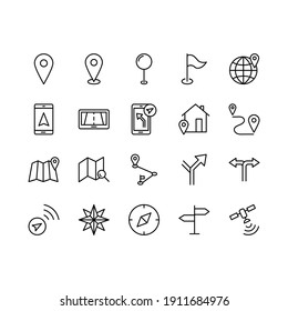 Navigation, cartography and topography icons set. Maps, location, route, GPS navigation, direction, traffic and more. Vector illustration. Editable stroke.