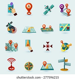 Navigation cartoon icons set with mobile gadgets satellite road map isolated vector illustration