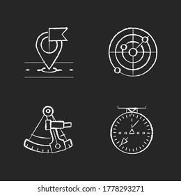 Navigation chalk white icons set on black background. Navigation in sea, sky and on land. GPS location, astronomical sextant, marine and aeronautical radar. Isolated vector chalkboard illustrations