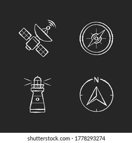 Navigation chalk white icons set on black background. Sea navigation and radiolocation. Space satellite, marine compass, lighthouse and navigator arrow. Isolated vector chalkboard illustrations