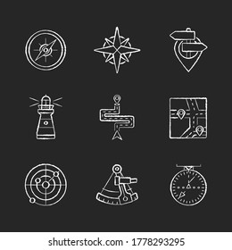 Navigation chalk white icons set on black background. Geographical location positioning, cartography. Marine, aeronautic, celestial and land navigation. Isolated vector chalkboard illustrations