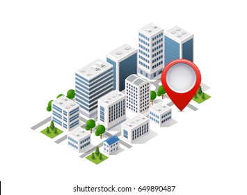 Navigation city map signpost pin in isometric view