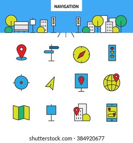 Navigation in the city: set of vector  line icon. Flat illustration of city. Bright color city icon. Navigation icon for your site, banner