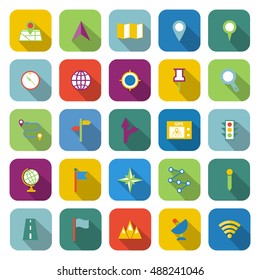 Navigation color icons with long shadow, stock vector