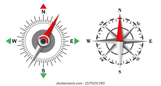 Navigation compass with dial, compas rose with arrows. Set of 3d vector objects isolated on white background