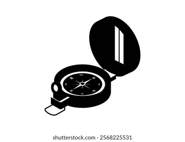 Navigation compass in isometric view. Simple illustration in black and white.