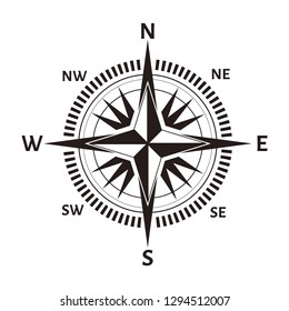 Navigation compass or wind rose icon. Vector retro nautical or marine cartography map with North, South, West and East direction arrows