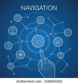 Navigation concept, blue background. location, map, gps, direction icons
