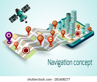 Navigation concept with cartoon mobile phone and isometric map with route markers vector illustration