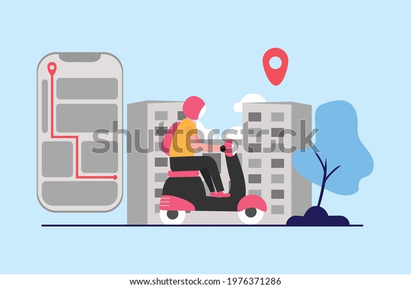  Navigation\
concept \
 Express courier on scooter shipping order delivery man\
with  scooter  illustration 