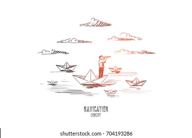 Navigation concept. Hand drawn sailor man looks into the telescope. Navigating in sea isolated vector illustration.