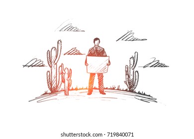 Navigation concept. Hand drawn traveler exploring map. Man with map in desert with cactuses isolated vector illustration.