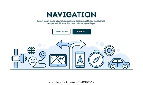 Navigation, concept header, flat design thin line style, vector illustration
