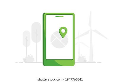 Navigation concept illustration with Location Marker. Mobile phone with map. Telephone GPS. User geolocation. Flat design. Green. Eps 10