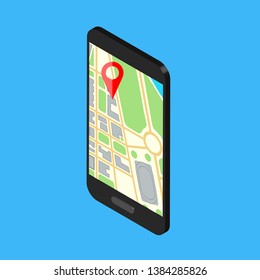 Navigation concept. Isometric design of smartphone with map navigator on screen. Template or mock up of phone. Vector illustration.