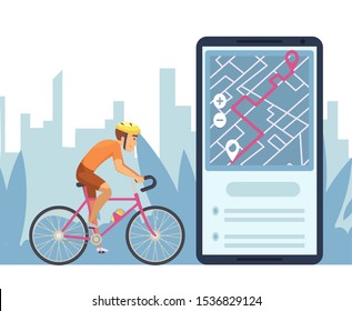 Navigation concept. Mobile city map navigation app. Cartoon character cyclist rides on online map vector illustration
