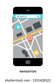 Navigation concept on black smartphone with different user interface elements, flat vector illustration