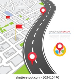 Navigation concept with pin pointer vector illustration. Cartography mapping, ui pinning, discovery, geotag, tourism geolocation. GPS navigation system banner. Location pin on perspective city map.