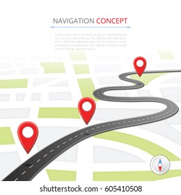 Navigation concept with pin pointer vector illustration. Cartography mapping, ui pinning, discovery, geotag, tourism geolocation. GPS navigation system banner. Location pin on perspective city map.