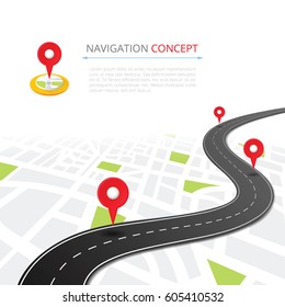 Navigation concept with pin pointer vector illustration. Cartography mapping, ui pinning, discovery, geotag, tourism geolocation. GPS navigation system banner. Location pin on perspective city map.