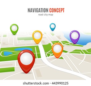 Navigation Concept Road City Map with Set of Pins. Vector illustration
