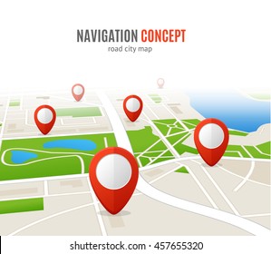 Navigation Concept Road City Map. Red Pins. Vector illustration