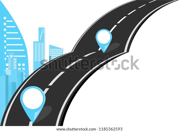 Navigation concept with road and map pins.\
Road along the city buildings, the gps route in flat style city\
landscape. Minimalistic style. Vector\
illustrations.