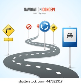 Navigation Concept. Road with Signs Traffic. Vector illustration