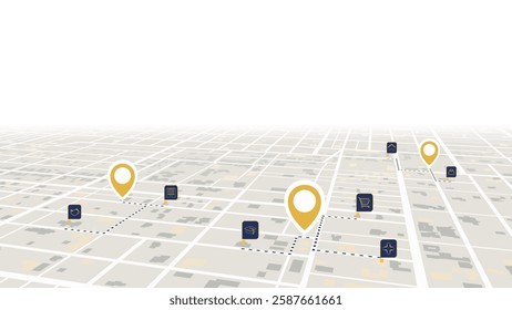 Navigation concepts. Detailed city map with clear directional signs and highlighted destination point. Abstract urban plan POI with city streets. Vector illustration travel path for travel.