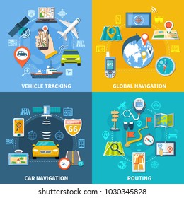 Navigation design concept with four compositions flat pictograms and icons with signboards gps satellites and gadgets vector illustration