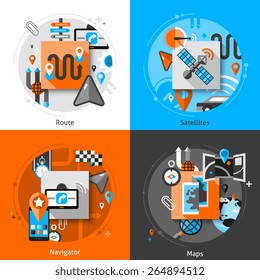 Navigation design concept set with route satellites navigator and maps flat icons isolated vector illustration