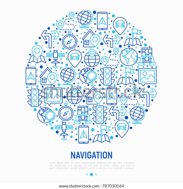 Navigation and direction concept in circle with
thin line icons set: pointer, compass, navigator on tablet, traffic
light, store locator, satellite. Modern vector illustration for web
page.
