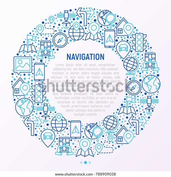 Navigation and direction concept in circle with\
thin line icons set: pointer, compass, navigator on tablet, traffic\
light, store locator, satellite. Modern vector illustration for web\
page.