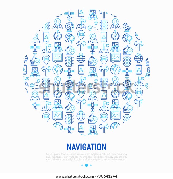 Navigation and direction concept in circle with
thin line icons set: pointer, compass, navigator on tablet, traffic
light, store locator, satellite. Modern vector illustration for
banner, web page.
