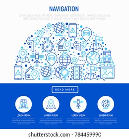 Navigation and direction concept in half circle with thin line icons set: pointer, compass, navigator on tablet, traffic light, store locator, satellite. Modern vector illustration, web page template.