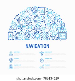 Navigation and direction concept in half circle with thin line icons set: pointer, compass, navigator on tablet, traffic light, store locator, satellite. Modern vector illustration, web page template.
