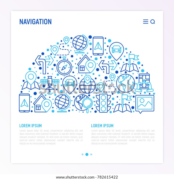 Navigation and direction concept in half circle\
with thin line icons set: pointer, compass, navigator on tablet,\
traffic light, store locator, satellite. Modern vector\
illustration, web page\
template.