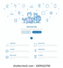 Navigation and direction concept with thin line icons: pointer, compass, navigator on tablet, traffic light, store locator, satellite. Modern vector illustration, web page template.