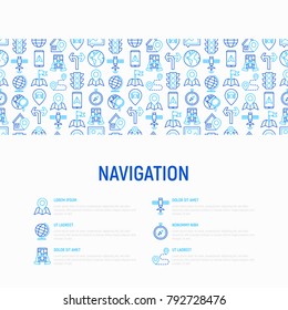 Navigation and direction concept with thin line icons set: pointer, compass, navigator on tablet, traffic light, store locator, satellite. Modern vector illustration for banner, print media, web page.