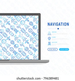 Navigation and direction concept with thin line icons: pointer, compass, navigator on tablet, traffic light, store locator, satellite. Modern vector illustration for banner, print media, web page.