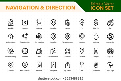 Vektorgrafik der Symbole für Navigations- und Richtungslinien. Symbol für Kartenposition, Route, Marker, Road Trip und Navigationssymbole. Eindeutig. Standortsymbol. Kartenplatzmarkierung. GPS-Positionsanzeigesymbol für Zeiger.