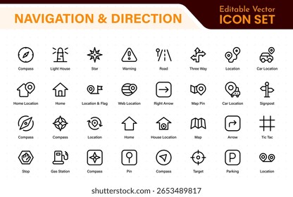 Iconos de la línea de navegación y dirección. Vector de la ubicación del mapa, ruta, marcador, viaje por carretera e iconos de navegación. Puntual. Icono de Locación. Marcador de lugar del mapa. símbolo de ubicación GPS del puntero.