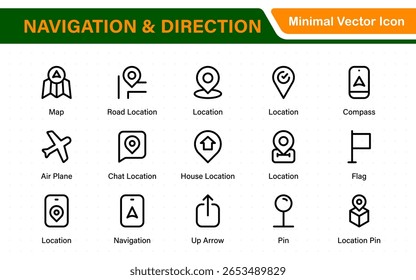 Navigation and Direction Line Icons vector. symbol of map location, Route, Marker, road trip, and navigate icons. Pinpoint. Location icon. Map place marker. pointer GPS location symbol.