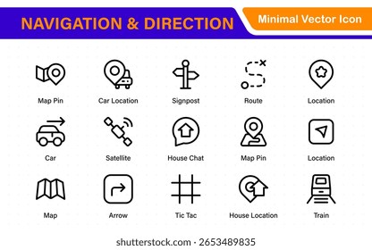 Iconos de la línea de navegación y dirección. Vector de la ubicación del mapa, ruta, marcador, viaje por carretera e iconos de navegación. Puntual. Icono de Locación. Marcador de lugar del mapa. símbolo de ubicación GPS del puntero.