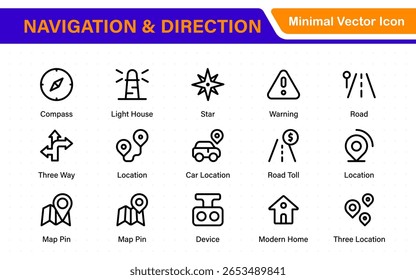 Navigation and Direction Line Icons vector. symbol of map location, Route, Marker, road trip, and navigate icons. Pinpoint. Location icon. Map place marker. pointer GPS location symbol.