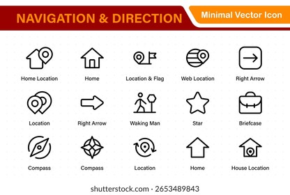 Navigation and Direction Line Icons vector. symbol of map location, Route, Marker, road trip, and navigate icons. Pinpoint. Location icon. Map place marker. pointer GPS location symbol.